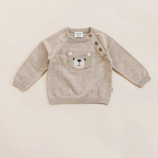 Viverano Organics - Teddy Bear Applique Baby Raglan Pullover (Organic Cotton): Oat Heather / 12-18M