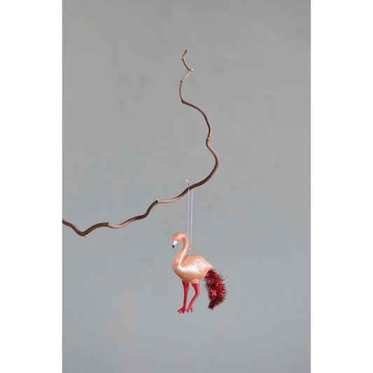 Hand-Painted Mercury Glass Flamingo Ornament with Tinsel Tail, Pink