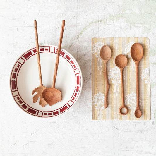 Carved Doussie Wood Leaf Shaped Salad Servers