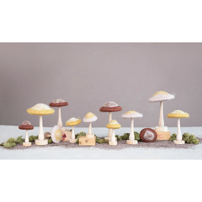 Wool Mushroom with Wood Base and Glitter, 3 Colors, 2 Styles