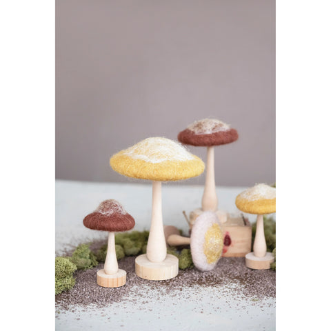 Wool Mushroom with Wood Base and Glitter, 3 Colors, 2 Styles