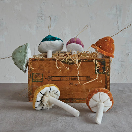 Cotton Velvet Mushroom Ornament w/ Embroidery & French Knots, Multi Color, 6 Styles