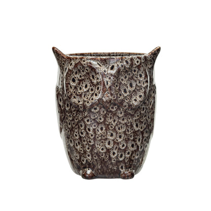 Stoneware Owl Shaped Planter, Reactive Glaze, Brown