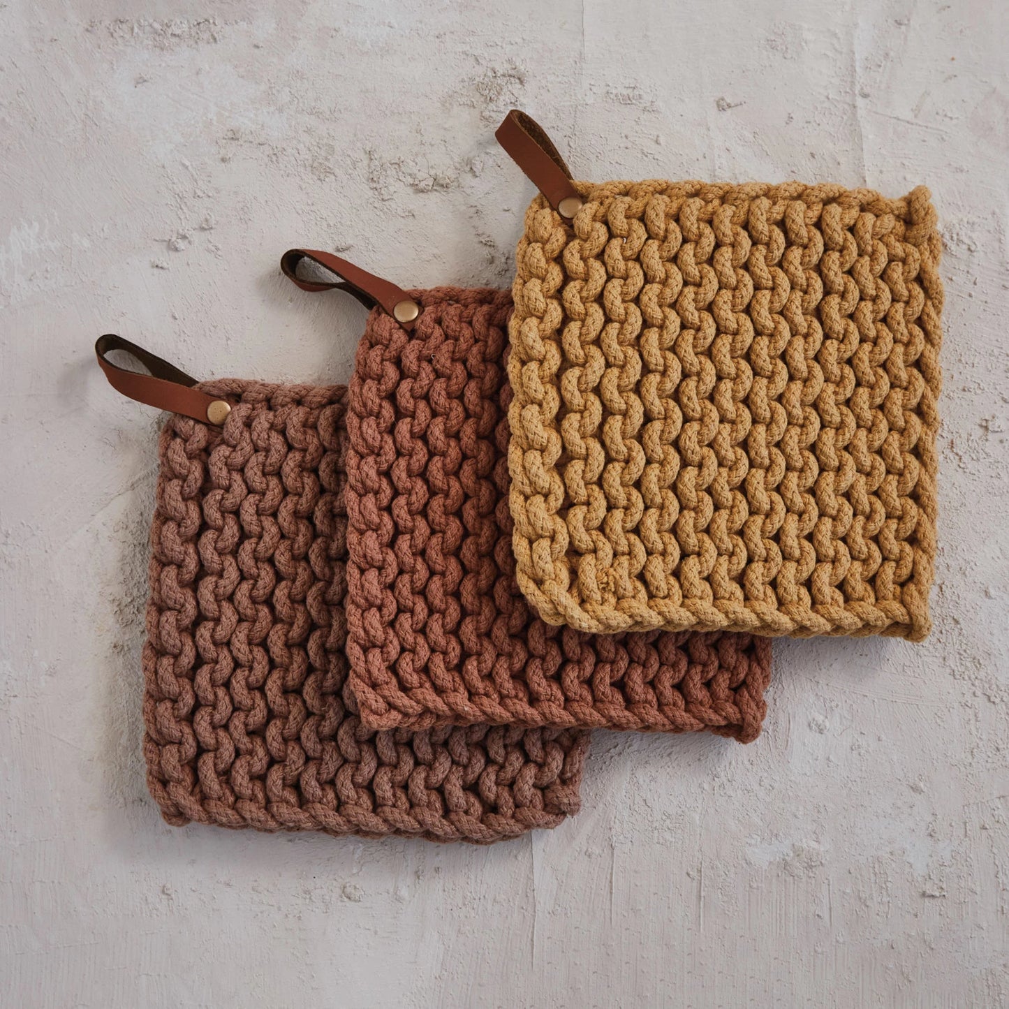 Cotton Crocheted Pot Holder w/ Leather Loop