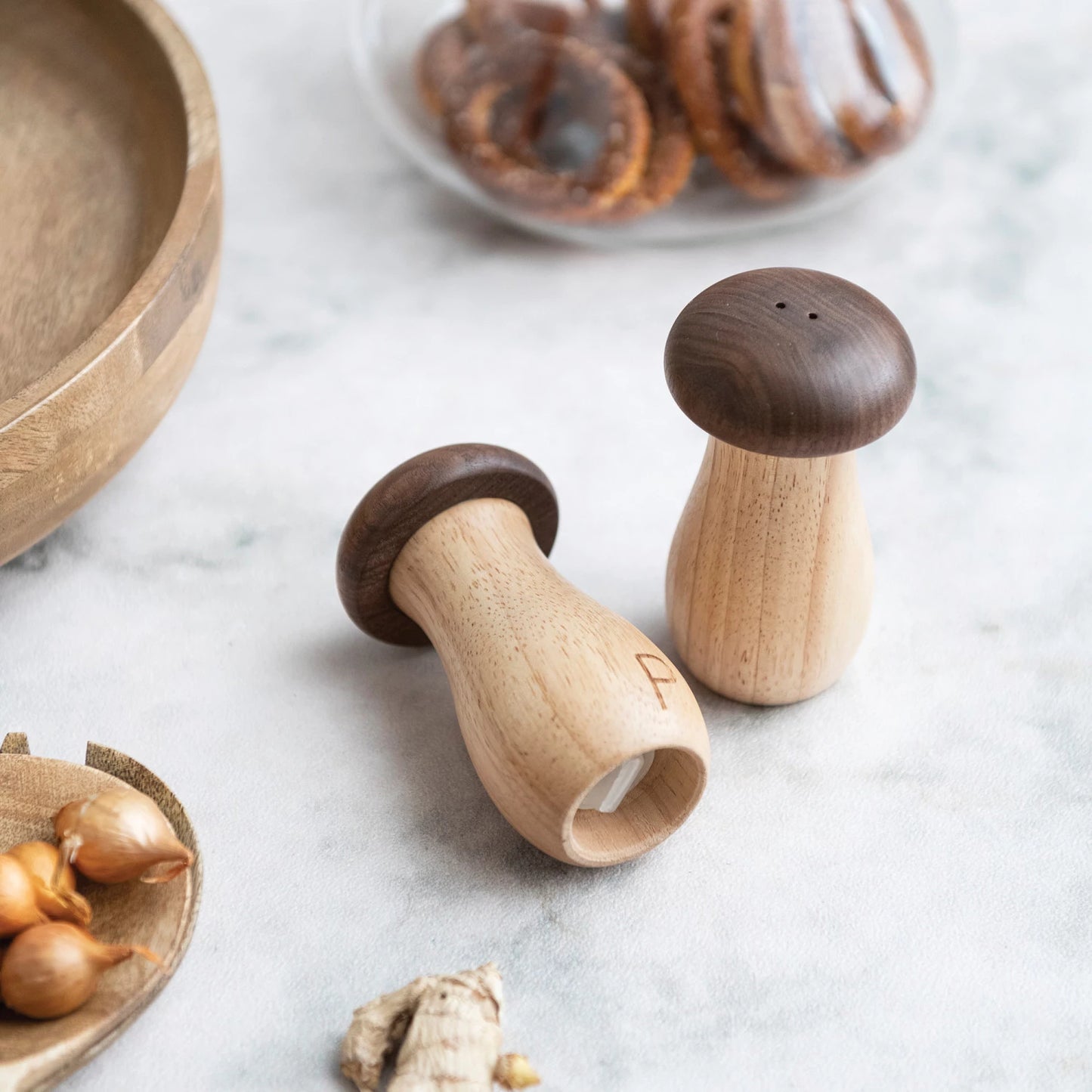 Rubberwood & Walnut Mushroom Shaped Salt & Pepper Shakers, Natural