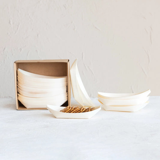 Wood Single Use Snack Boats in Kraft Box