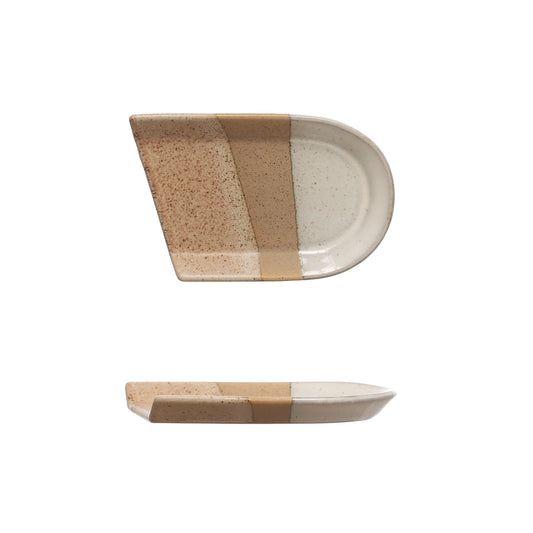 Stoneware Spoon Rest, Reactive Glaze, Tan Color & White