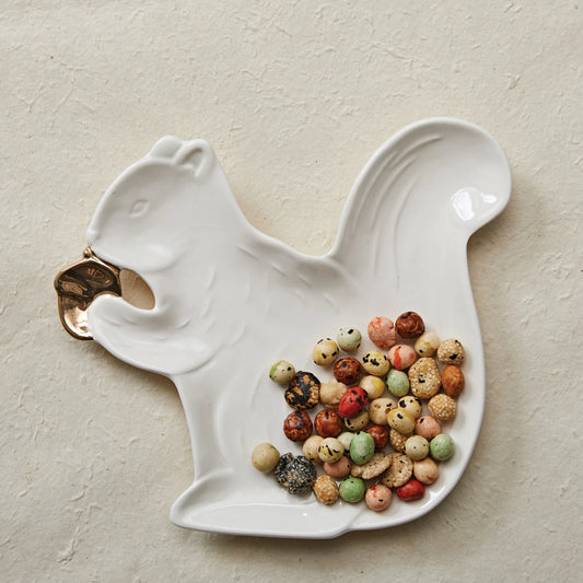 Stoneware Squirrel Shaped Plate w/ Gold Electroplated Acorn, White