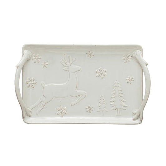 Debossed Stoneware Tray w/ Deer, Snowflakes & Trees, Reactive Glaze