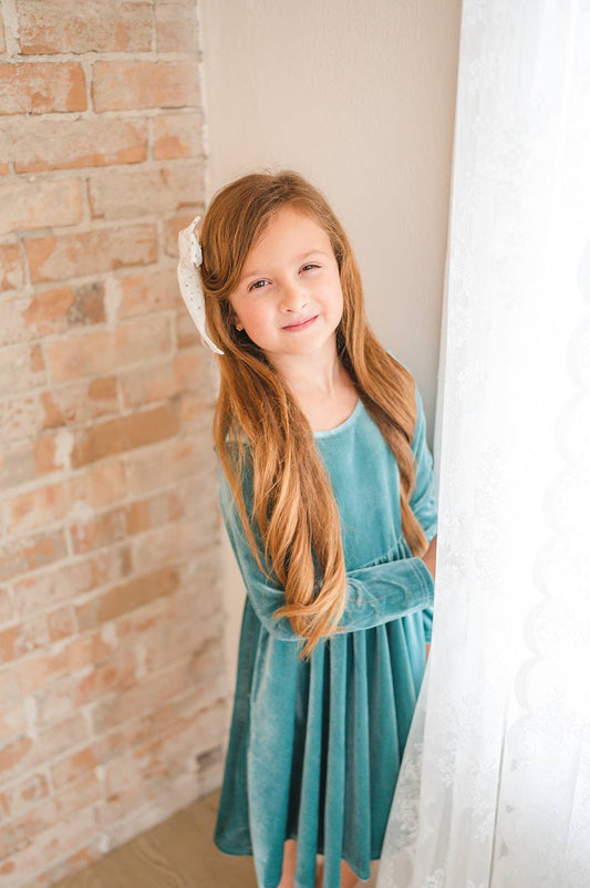 Ollie Jay - Gwendolyn Dress in Aspen Blue Velvet: 18/24m