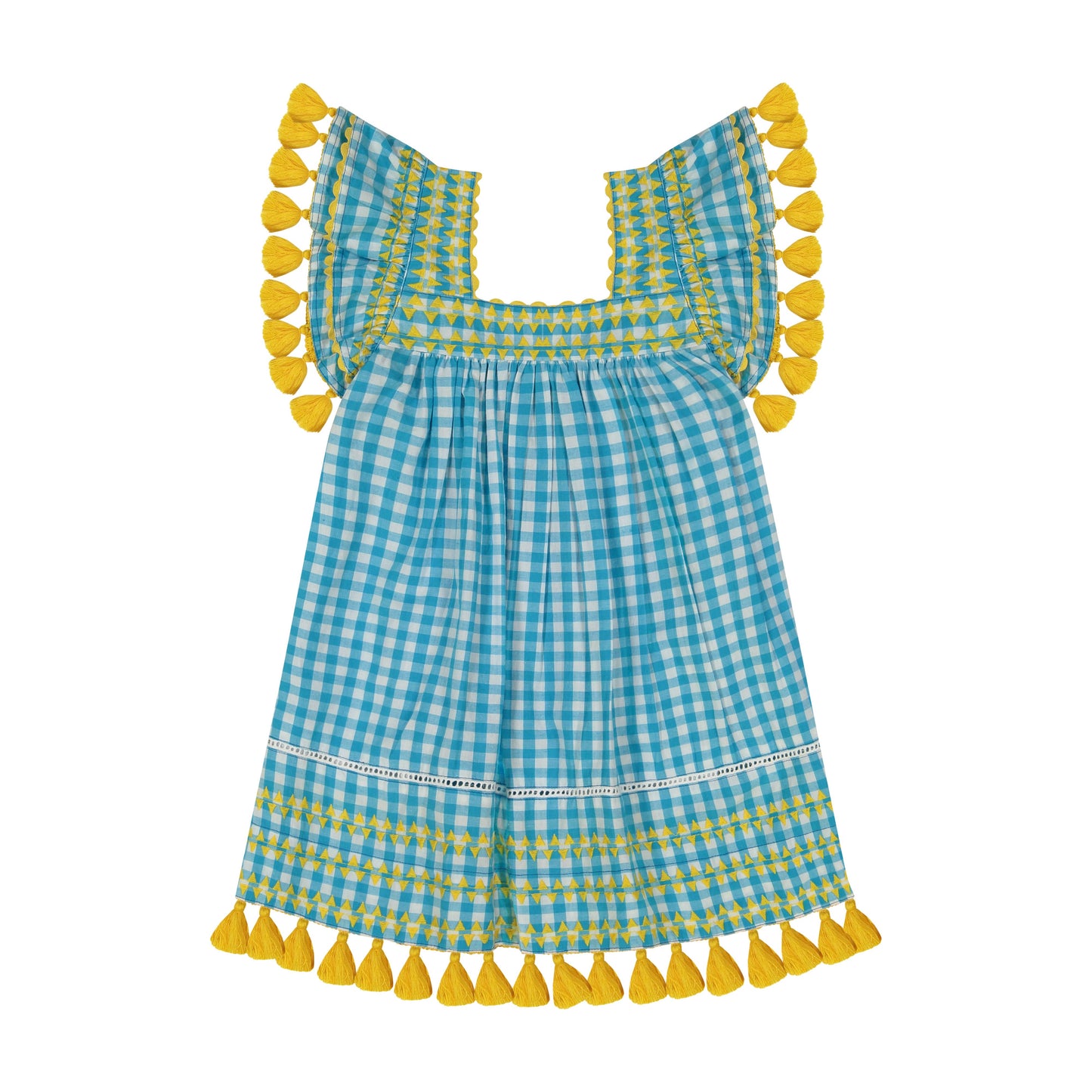 Mer St. Barth - serena tassel dress-turquoise check, 2 yrs