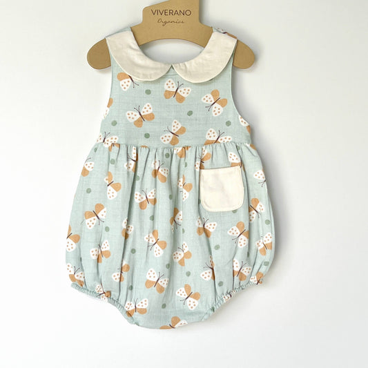 Viverano Organics - Butterfly Peter Pan Bubble Baby Romper (Organic Muslin), 6-12mo