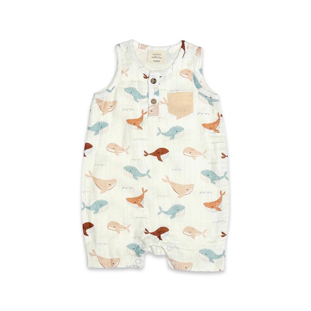 Viverano Organics - Whales Henley Baby Short Romper (Organic Muslin): 0-3M / Natural