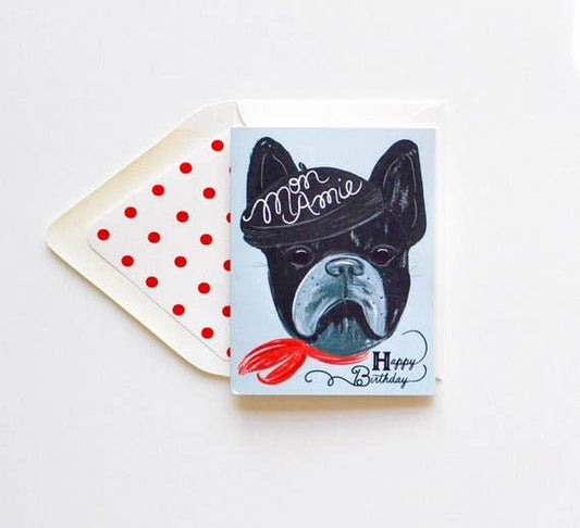 The First Snow - Happy Birthday Mon Amie French Bull Dog Greeting Card
