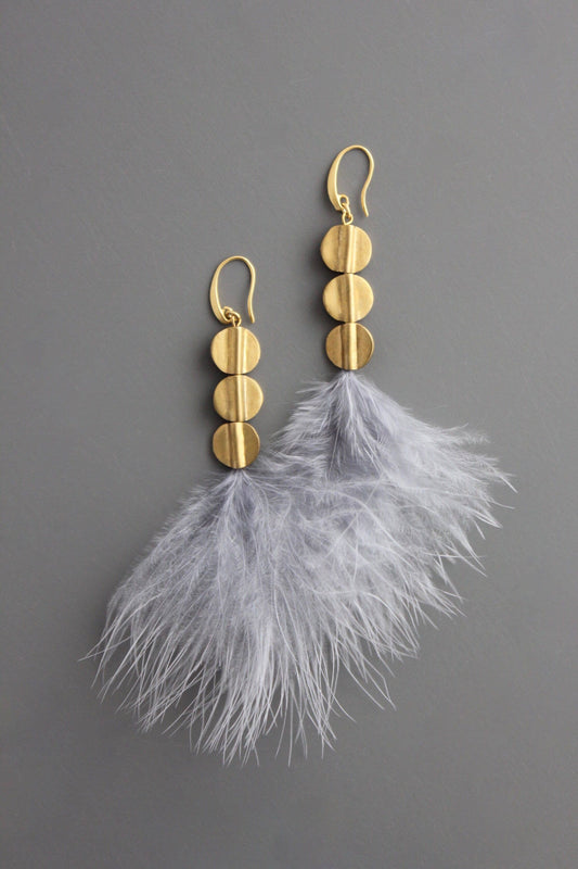 David Aubrey Jewelry - VRDE45 Lavender feathers and brass disc earrings