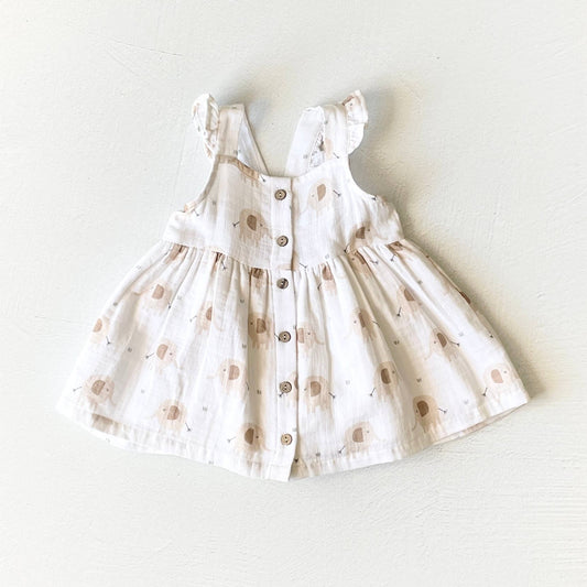 Viverano Organics - Elephant Ruffle & Button Baby Dress+Bloomer (Organic Muslin): 3-6M / Natural