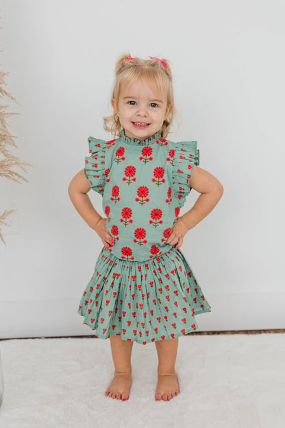 Yo Baby - Green Floral Neck Ruffle Top & Skorts Set: 12-18 month