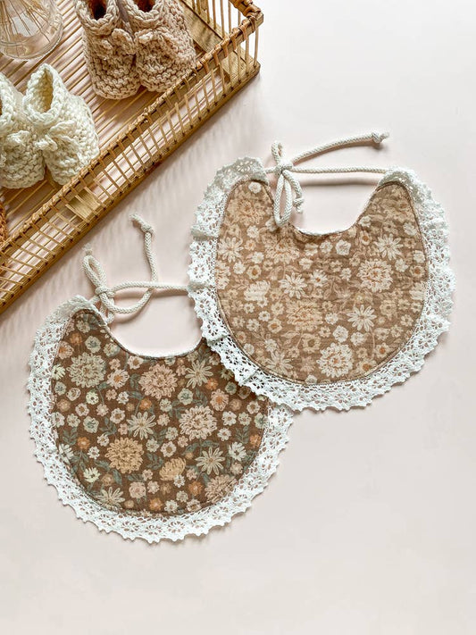 Evelina Apparel: Baby bib / vintage floral- cappucino