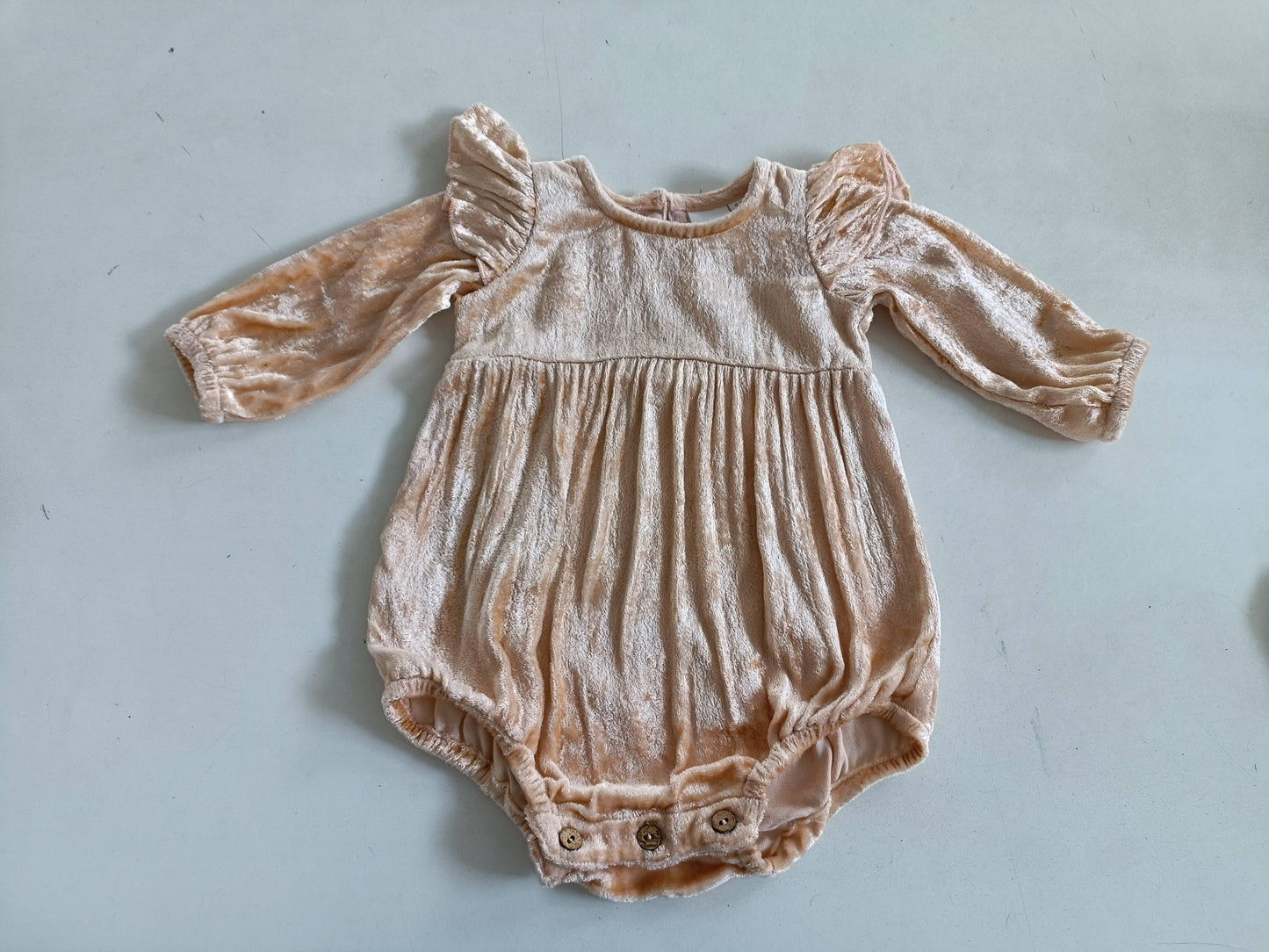 Yo Baby - Blush Viscose Velvet Full Sleeves Ruffle Romper: 6-9 month