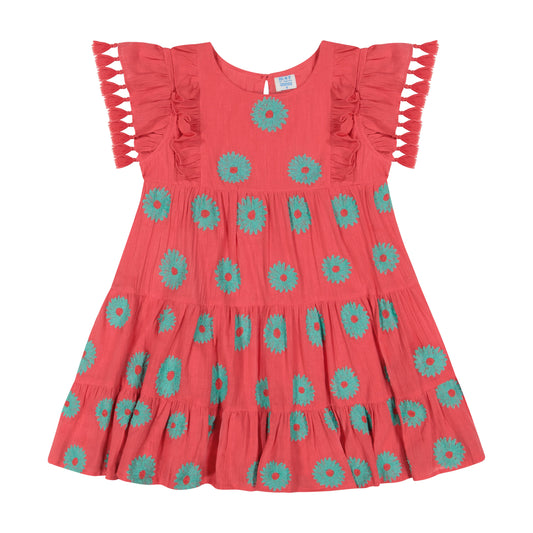 Mer St. Barth - Sophie girl's tassel dress coral aqua embroidery, 2 yrs