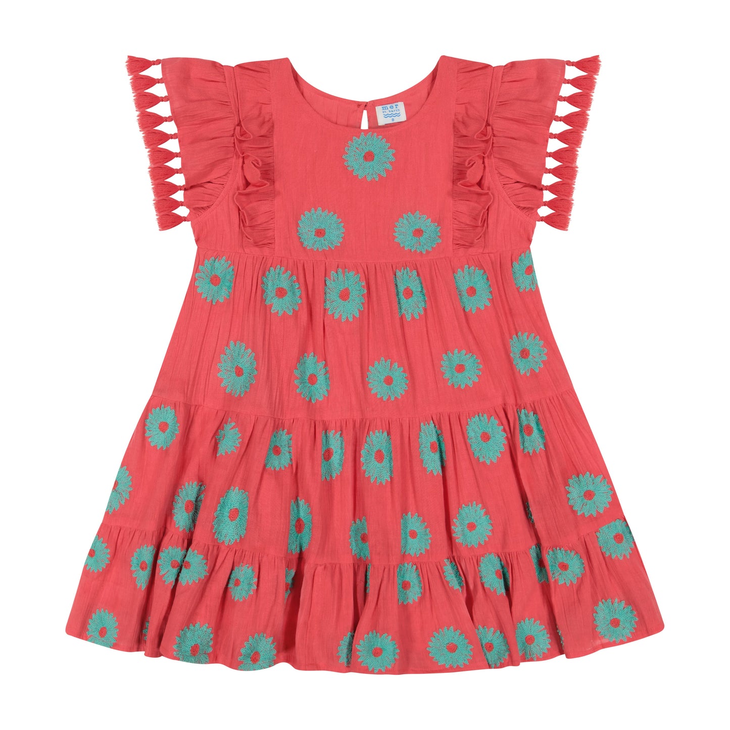 Mer St. Barth - Sophie girl's tassel dress coral aqua embroidery, 4 yrs