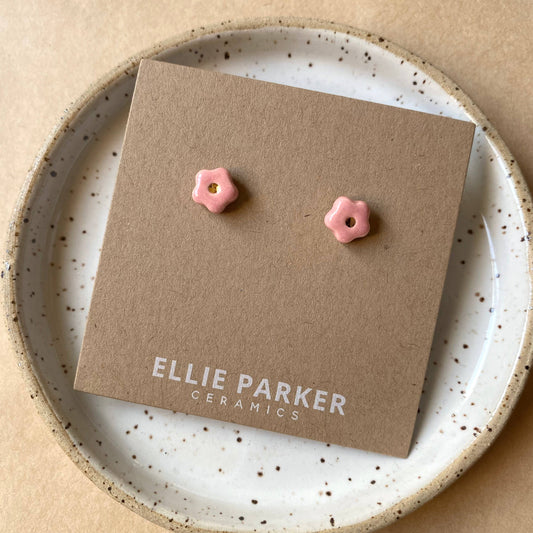 Ellie Parker Ceramics - Pink Ceramic Flower Gold Accent Stud Earring