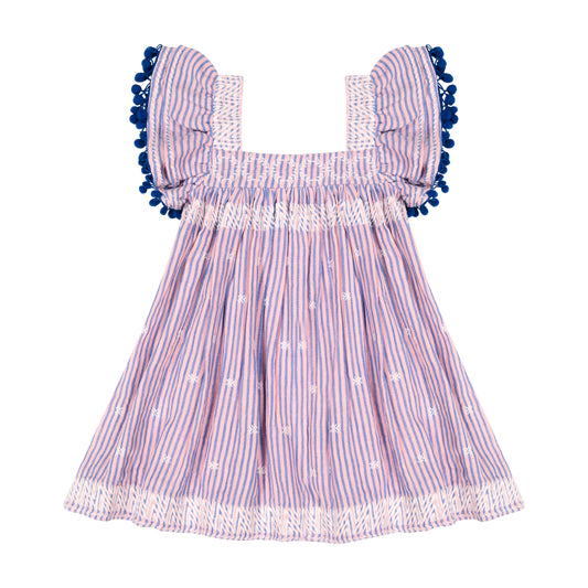 Mer St. Barth - Serena girl's pompom dress blue pink stripe, 2 yrs