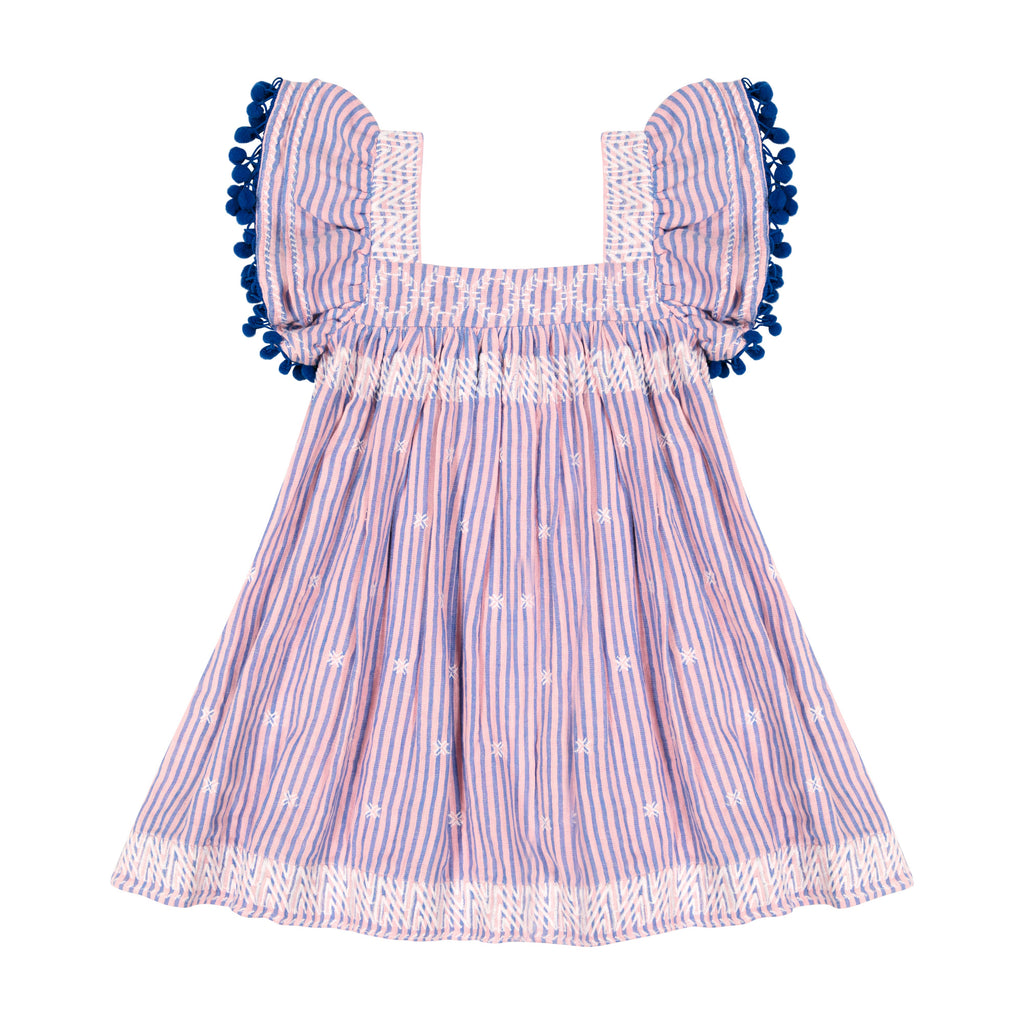 Mer St. Barth - Serena girl's pompom dress blue pink stripe, 2 yrs