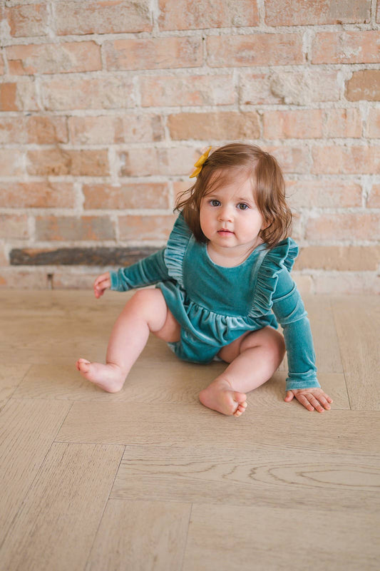 Ollie Jay - Leah Romper in Aspen Blue Velvet | Baby Bubble: 12/18m
