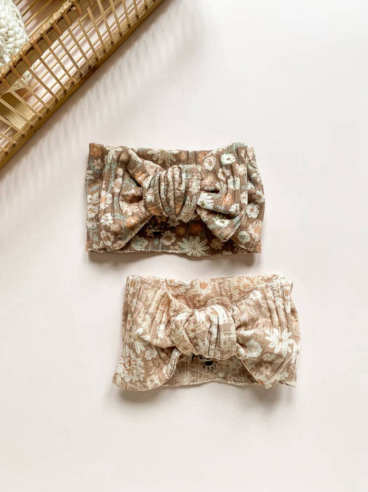 Evelina Apparel: Bow headband / vintage floral- chocolate