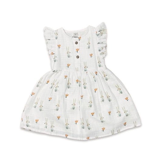 Viverano Organics - Bunny Ruffle & Button Flare Baby Dress+Bloomer (Organic): 6-12M / Soft White