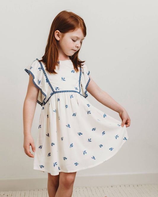 City Mouse Studio - Flutter Sleeve Dress- Bluebirds 2 Y