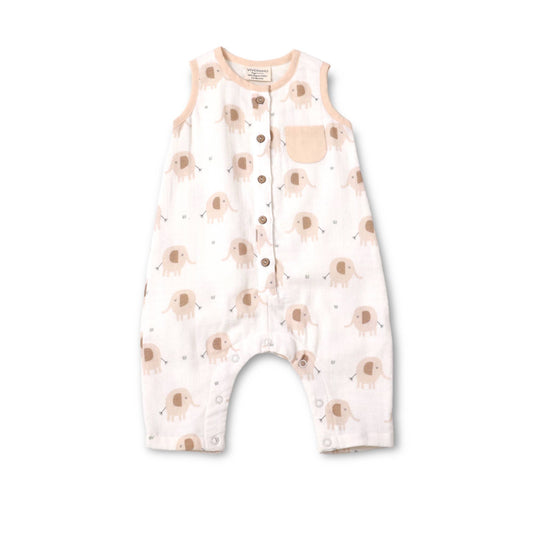 Viverano Organics - Elephant Sleeveless Button Baby Jumpsuit (Organic Muslin), 12-18mo