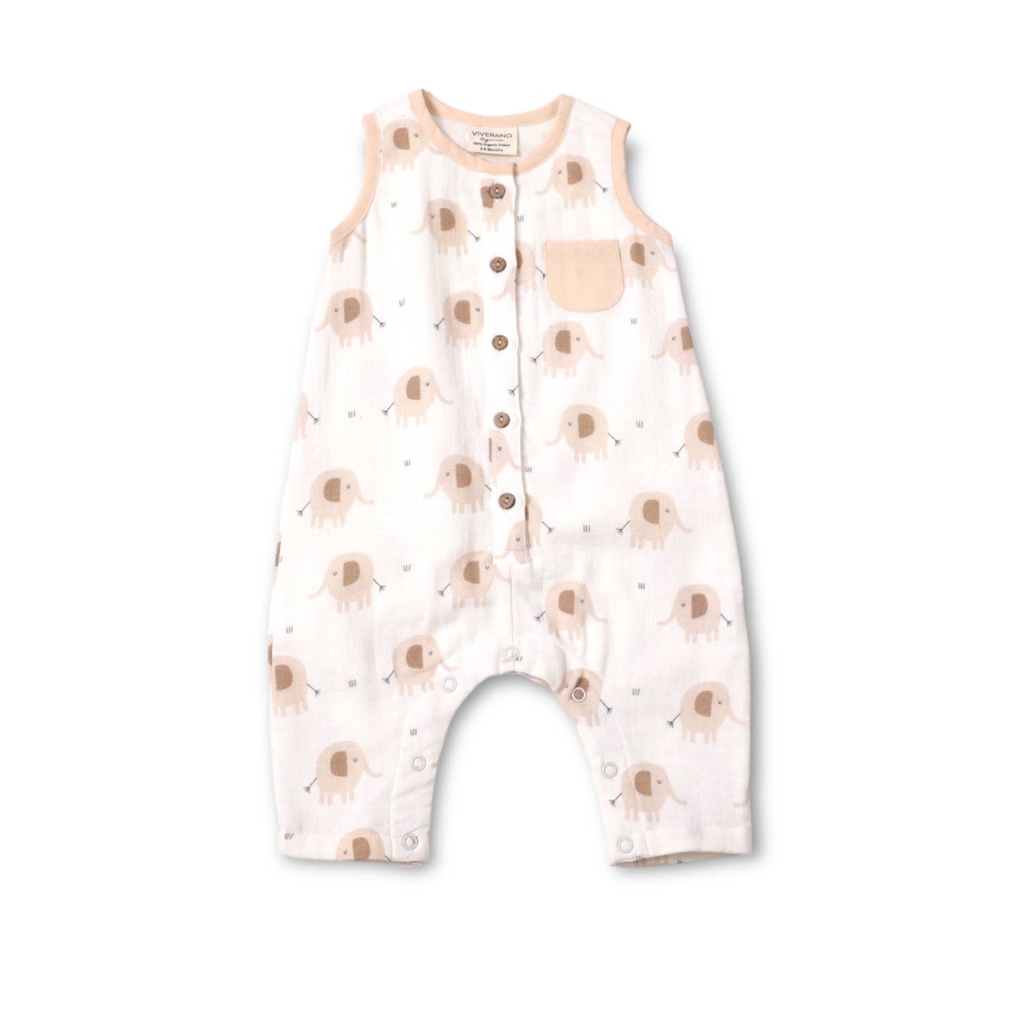 Viverano Organics - Elephant Sleeveless Button Baby Jumpsuit (Organic Muslin), 6-12mo