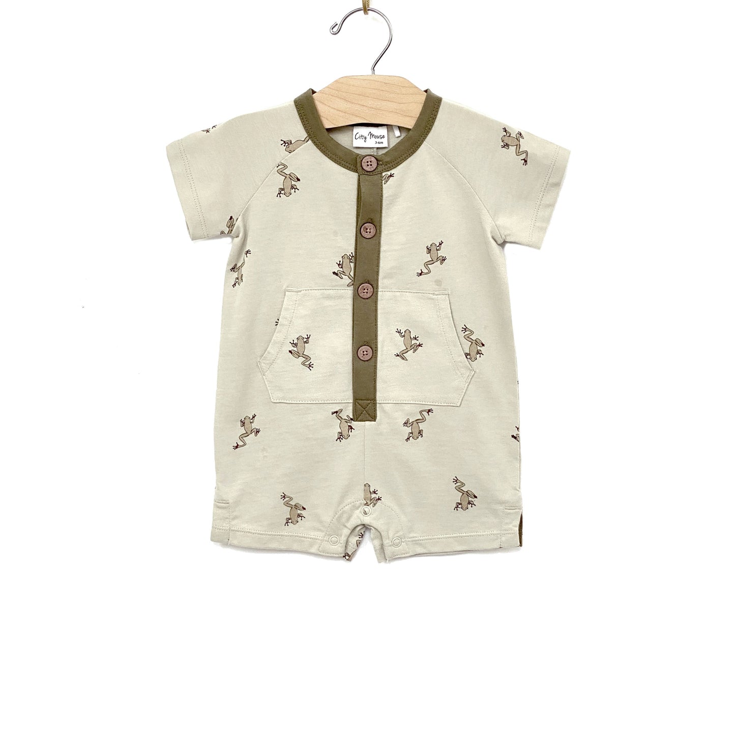 City Mouse Studio - Short Henley Romper- Frogs 6-9 M