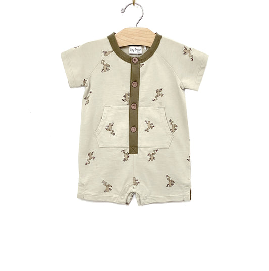 City Mouse Studio - Short Henley Romper- Frogs 6-9 M