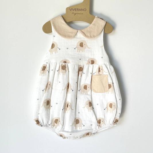 Viverano Organics - Elephant Peter Pan Bubble Baby Romper (Organic Muslin), 3-6mo