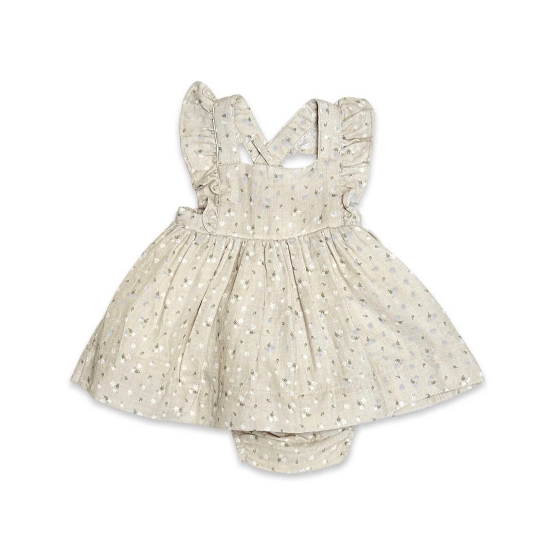 Viverano Organics - Ditsy Floral Ruffle Cross Back Flare Baby Dress+Bloomer: 6-12M / Light Tan