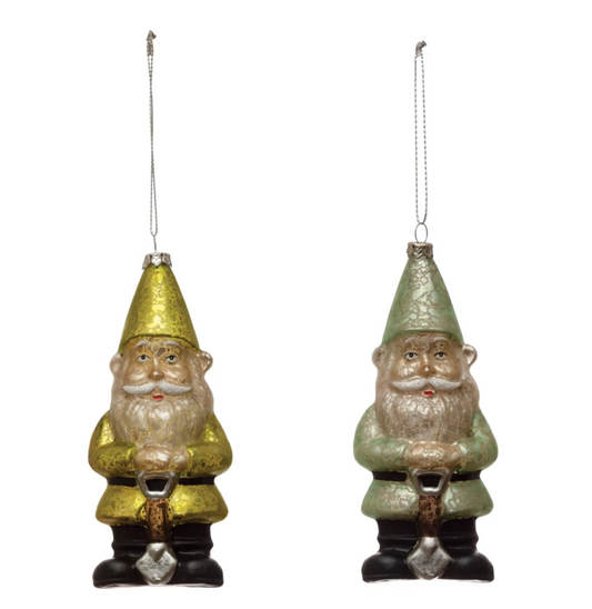 Mercury Glass Gnome Ornament with Shovel, 2 Colors