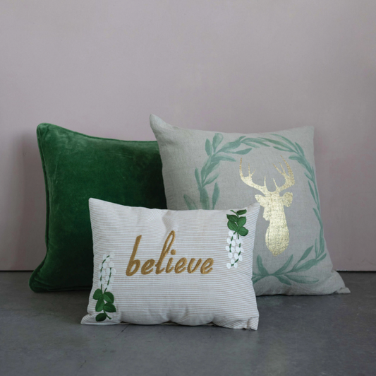 Linen and Cotton Pillow with Foil Deer and Leaves