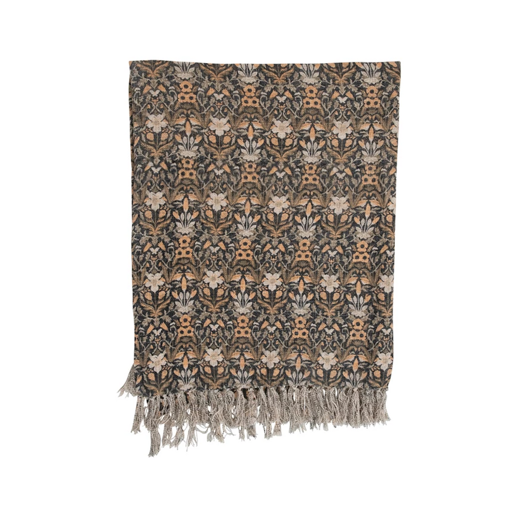 Cotton Slub Throw with Floral Pattern and Fringe