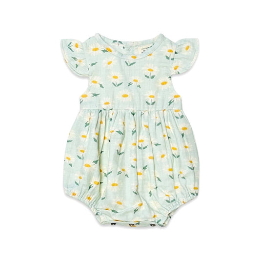 Viverano Organics - Daisies Ruffle Bodysuit Baby Romper (Organic Muslin): 0-3M / Pastel Green
