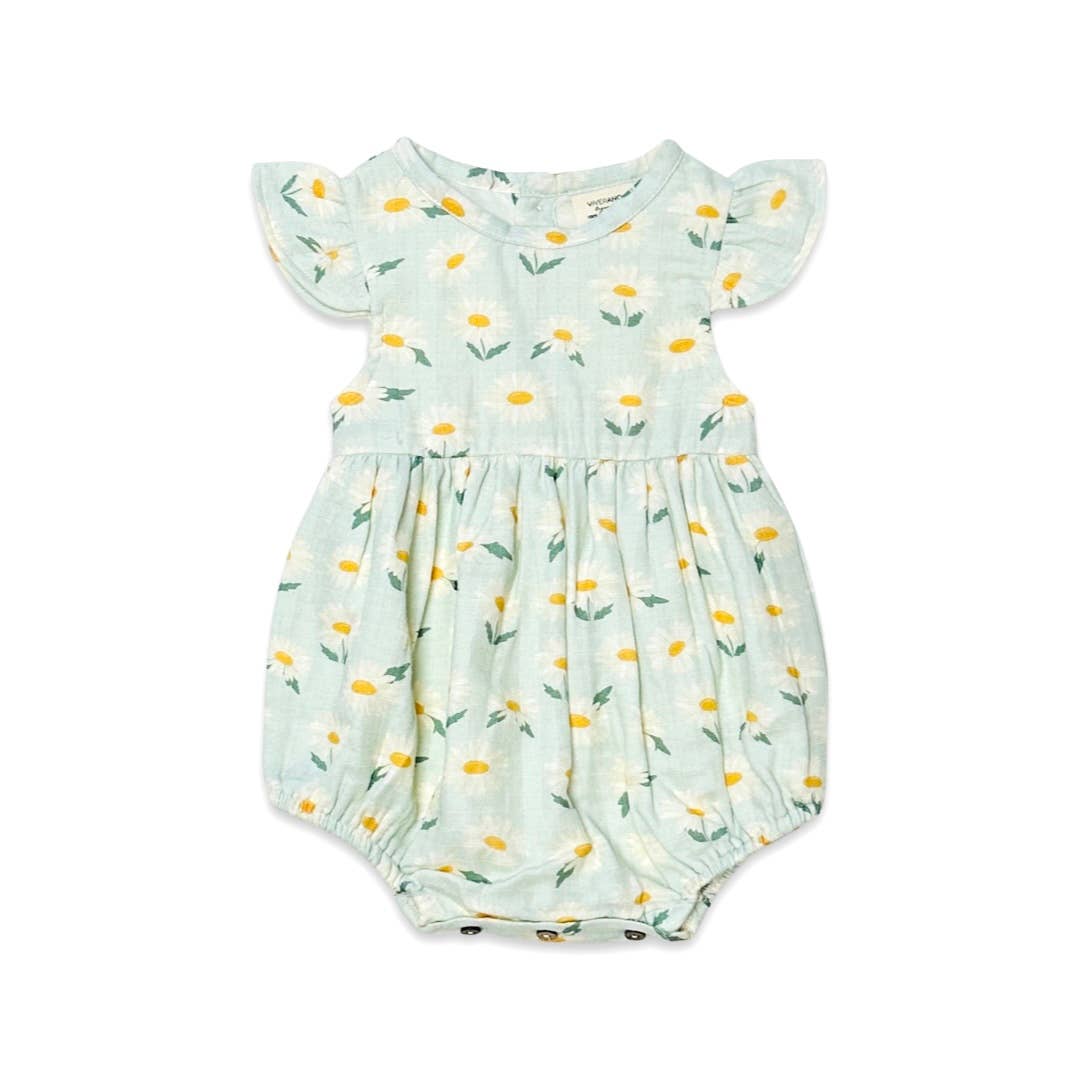 Viverano Organics - Daisies Ruffle Bodysuit Baby Romper (Organic Muslin): 6-12M / Pastel Green