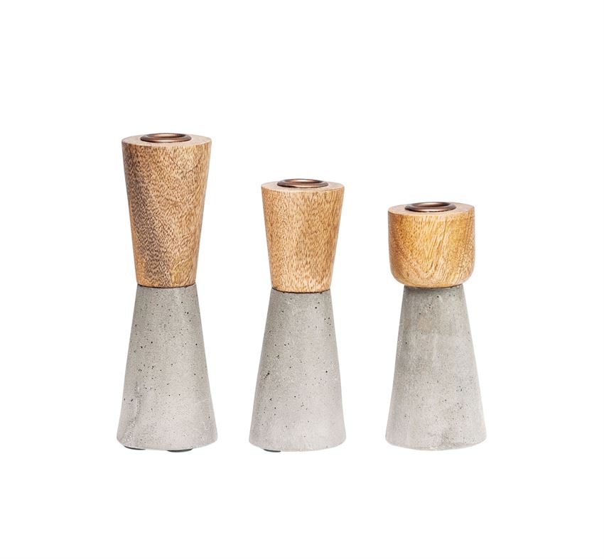 Brown Wood and Grey Cement Candle Holder- Small