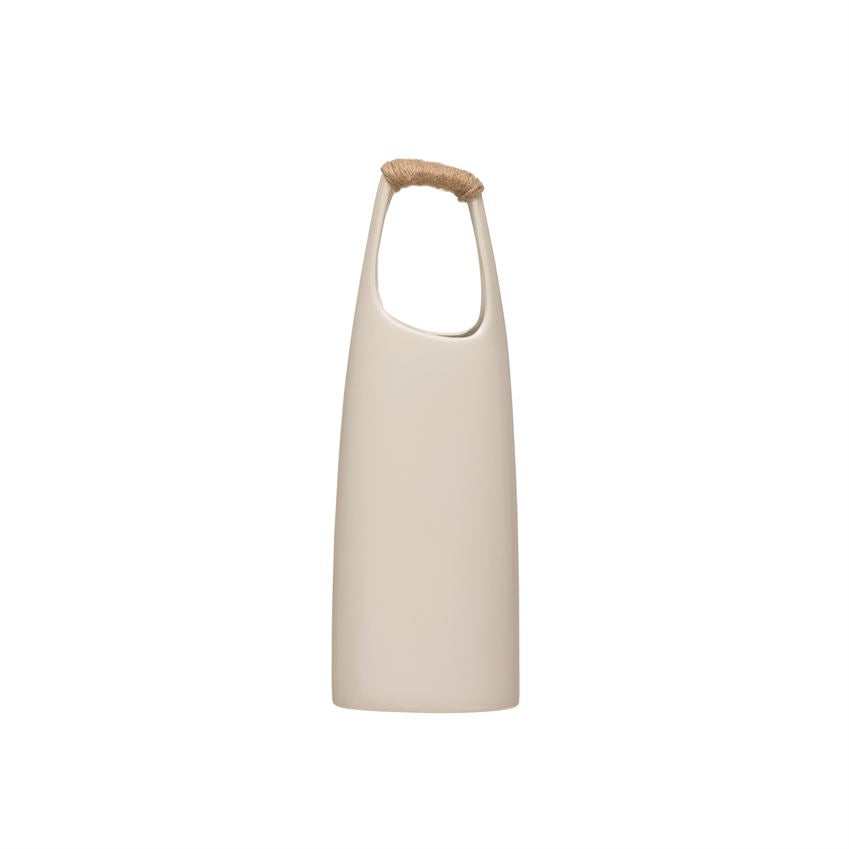 White Stoneware Vase with Rattan Wrapped Handle- Medium