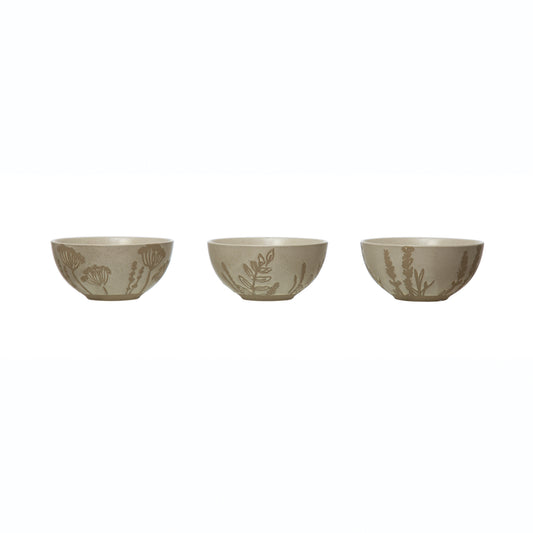 Stoneware Bowl with Wax Relief Botanical Image, 3 Styles