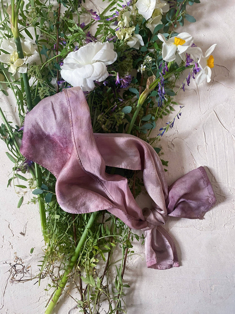 farmette - botanically ice-dyed 100% silk ribbon scarf - garden at dusk