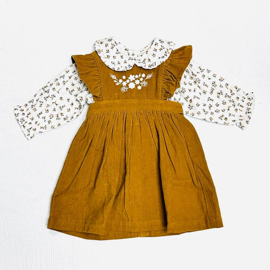 Viverano Organics - Corduroy Pinafore Baby Dress + Floral Shirt SET (Organic), 18-24mo