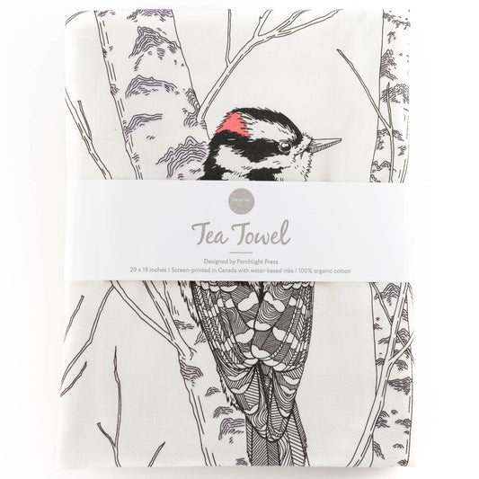 Porchlight Press Letterpress - Downy Woodpecker Tea Towel - West Coast Birds