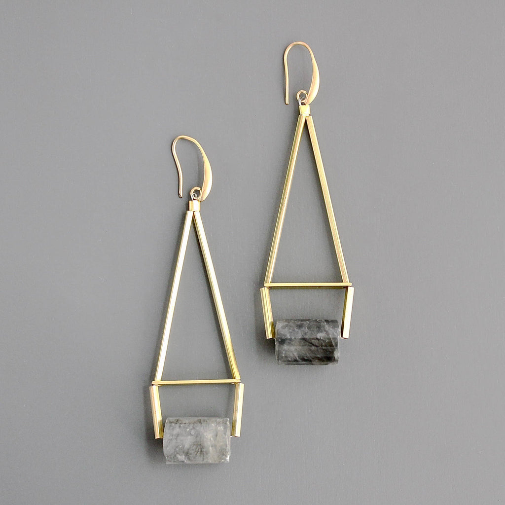 David Aubrey Jewelry - CHRE81 Geometric gray quartz and brass earrings